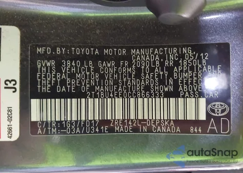 2012 Toyota Corolla S z USA, uszkodzony, nr VIN 2T1BU4EE0CC866333